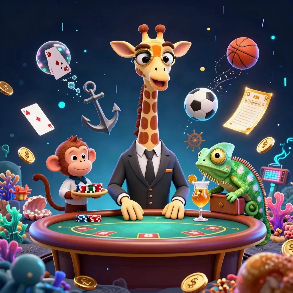 Cartoon giraffe, monkey valet, and chameleon bartender amid treasure, coins, coral, cards, and sports props.