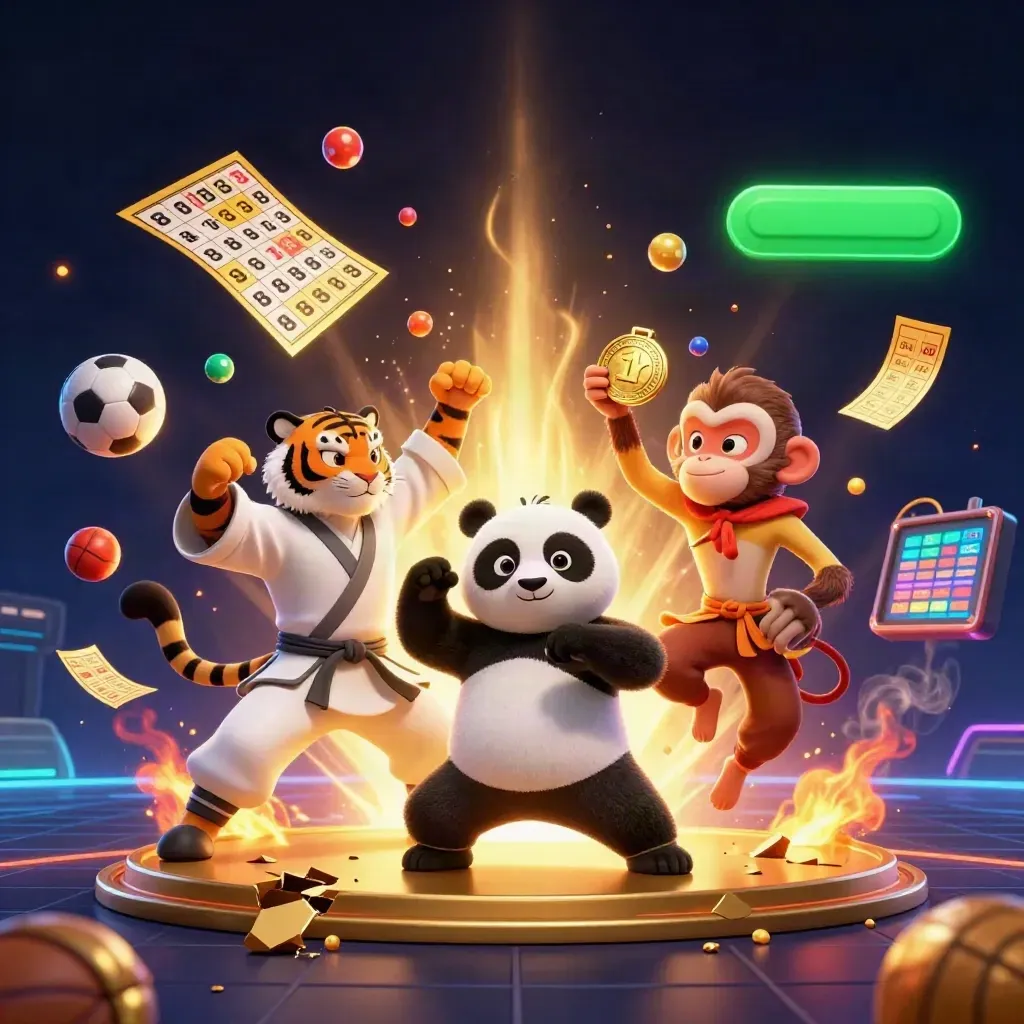 Tiger, panda, and monkey in a neon casino action scene with lottery balls and prize wheel.