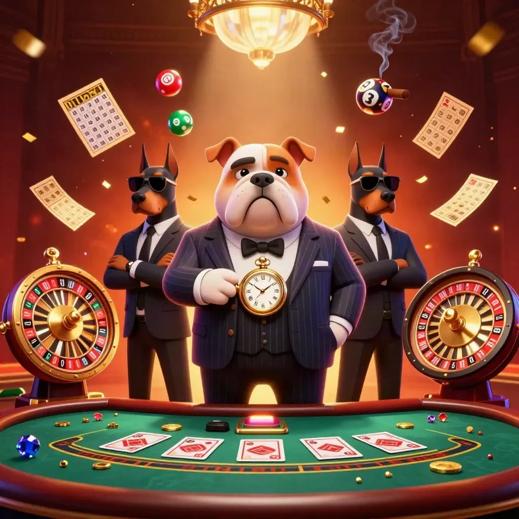 Bulldog casino boss with Dobermans amid spinning wheel, lottery balls, gold sparks and crimson glow.