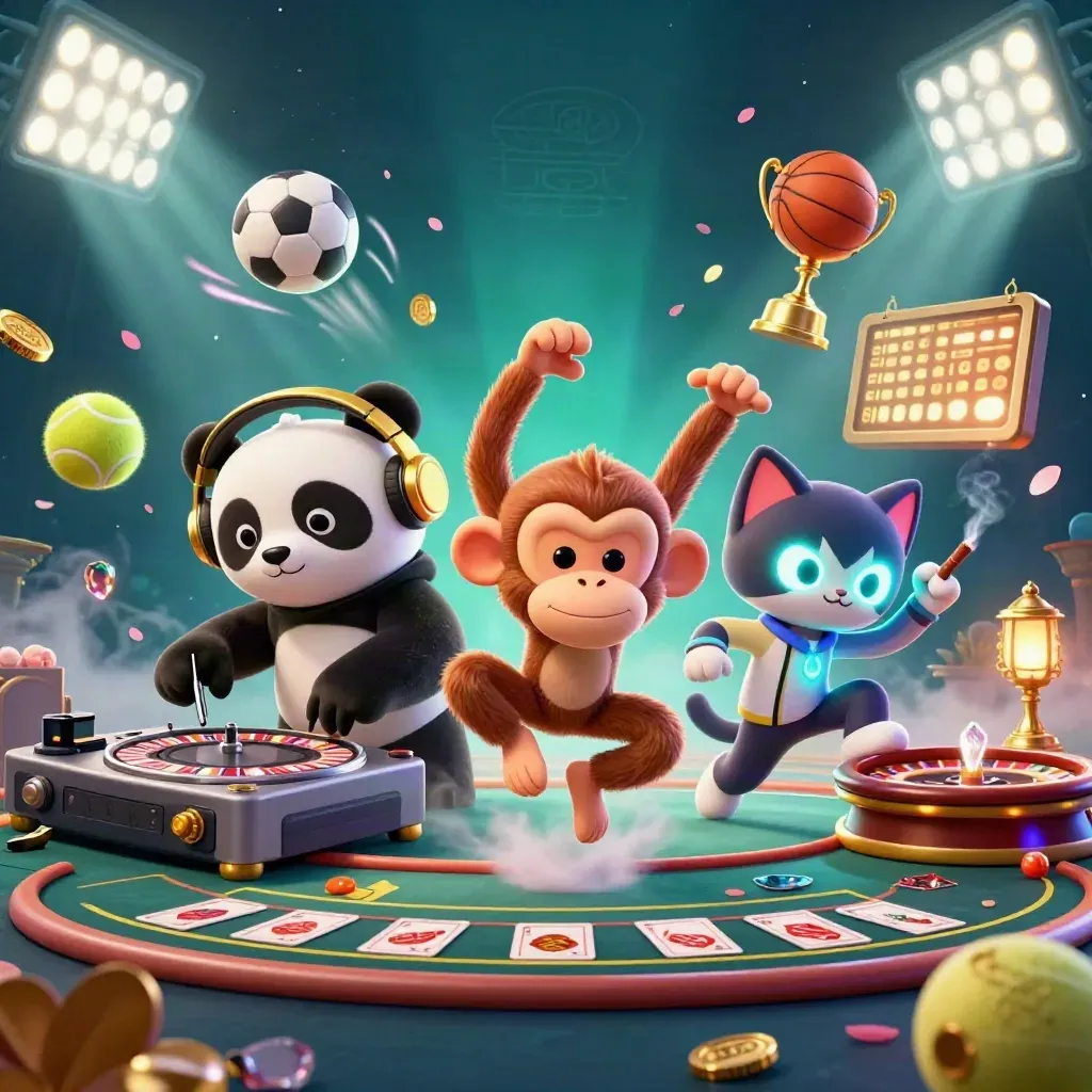 DJ panda, breakdancing monkey, and glow-stick kitten in a premium casino-sport fantasy scene.