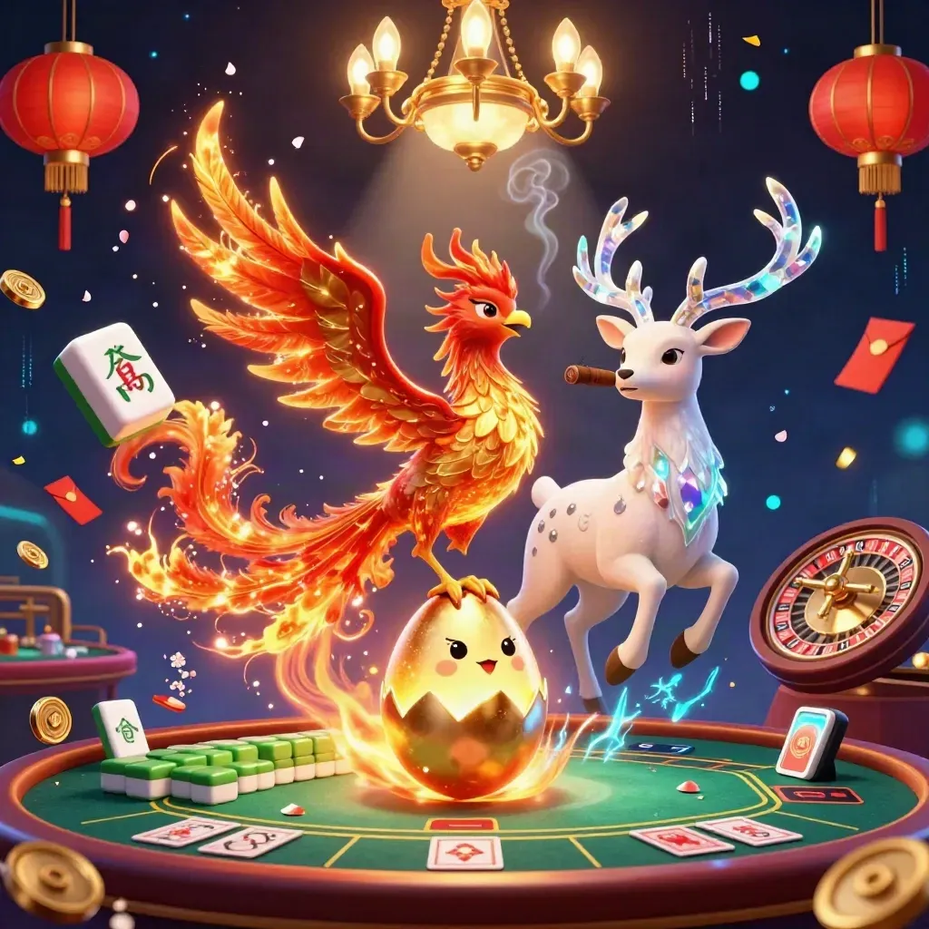 Phoenixes and a crystal stag in a luxe neon casino scene with lanterns, coins, and roulette