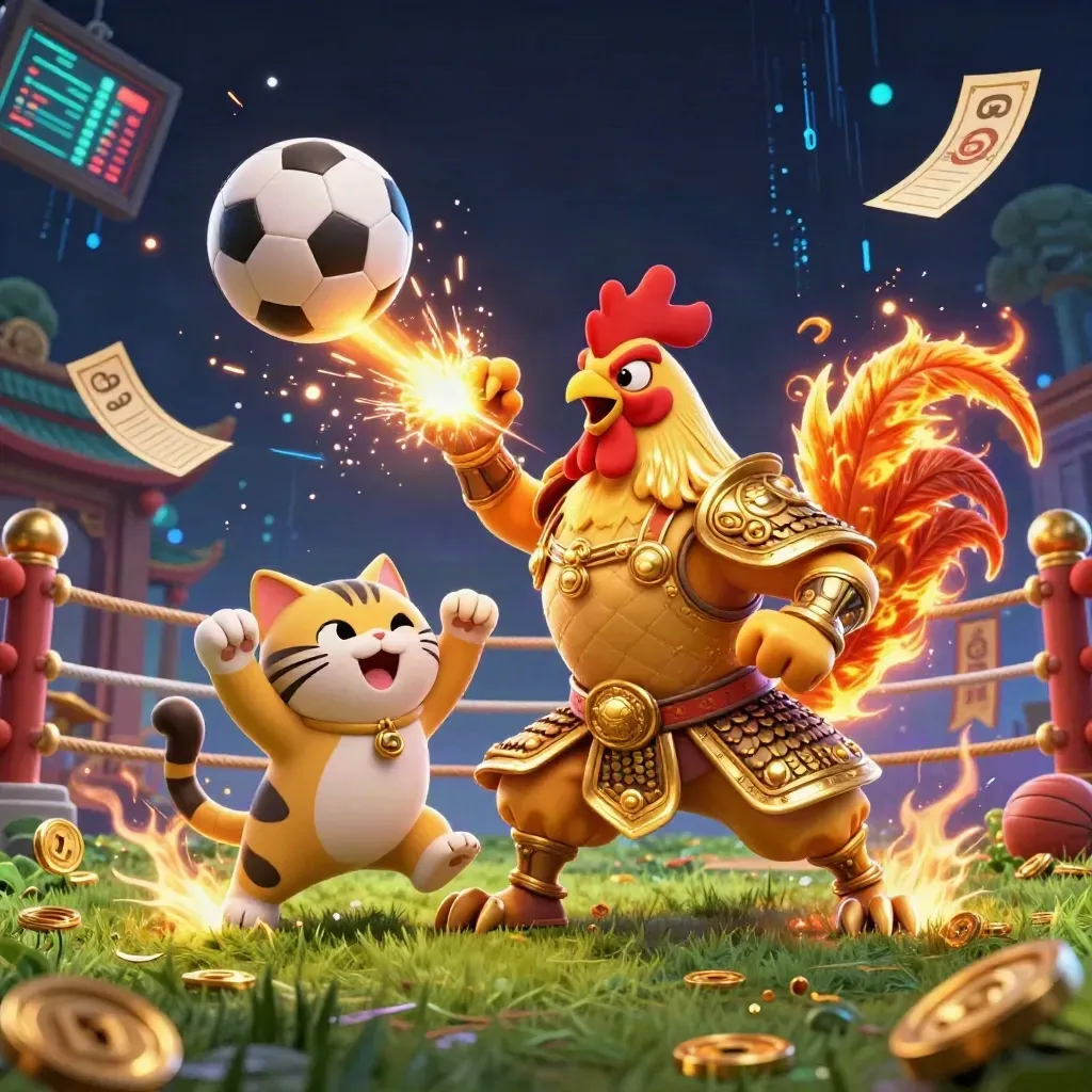 Samurai rooster, spark-breathing dragon hatchling, and cheering fortune cat amid sports balls and neon energy.