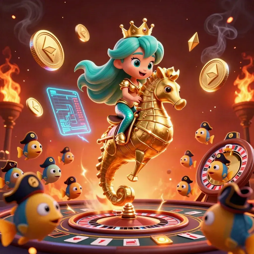 Mermaid princess on golden seahorse amid crypto coins, casino table, embers, and neon glow