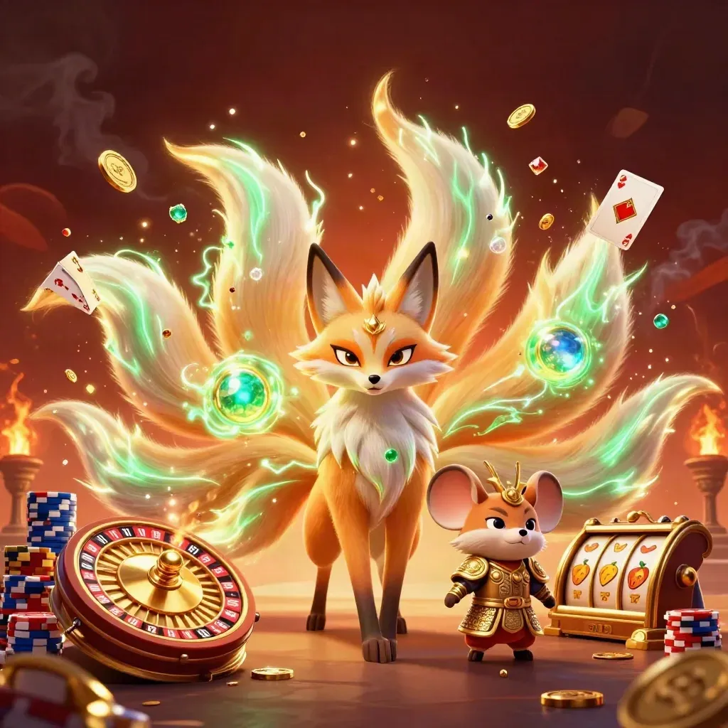 Fox spirit and gold-armoured mouse amid casino coins, cards, chips, reels, and glowing embers.