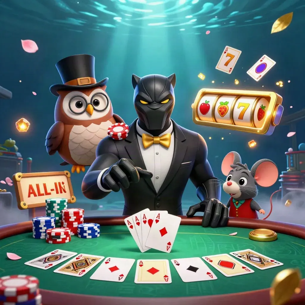 Panther, owl and mouse in tuxedos deal cards amid glowing chips and green casino lights.