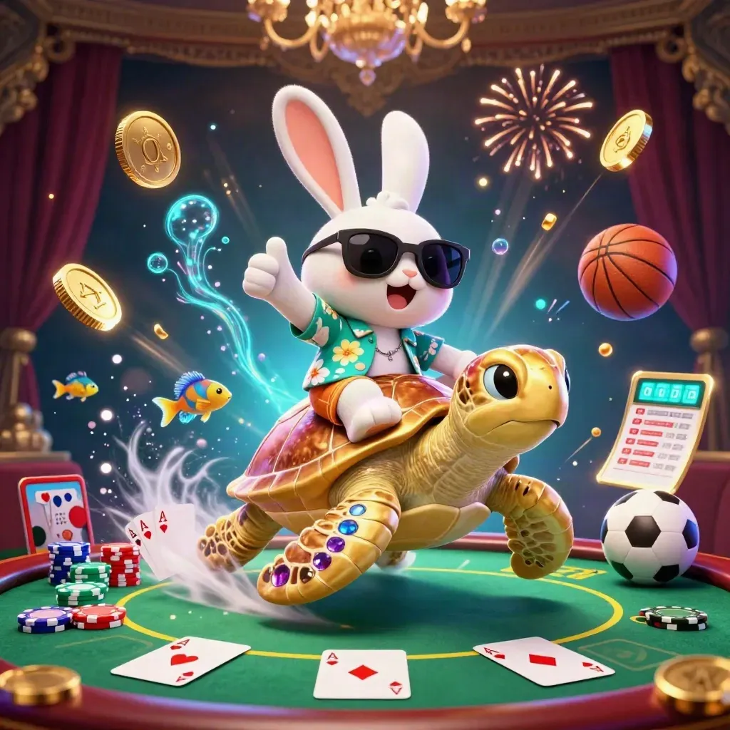 Lucky rabbit on a golden sea turtle amid casino chips, cards, coins and fireworks