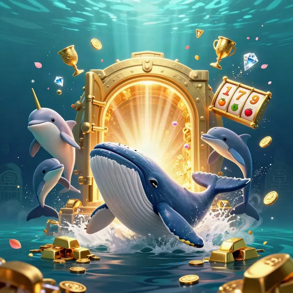 Whale captain, narwhal, and dolphins burst from coins around a glowing treasure vault underwater.