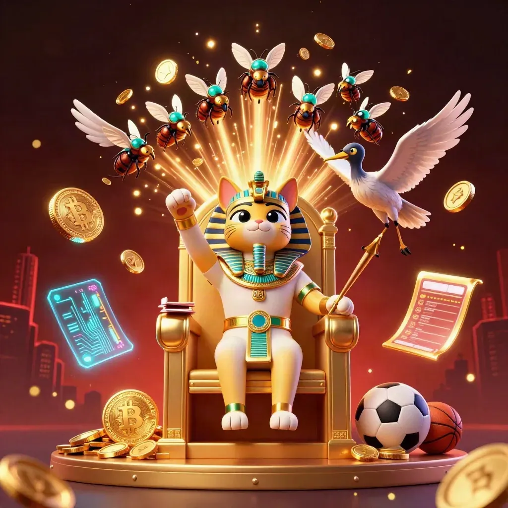 Pharaoh cat, ibis scribe and scarabs amid gold coins, sports icons, and neon casino effects.