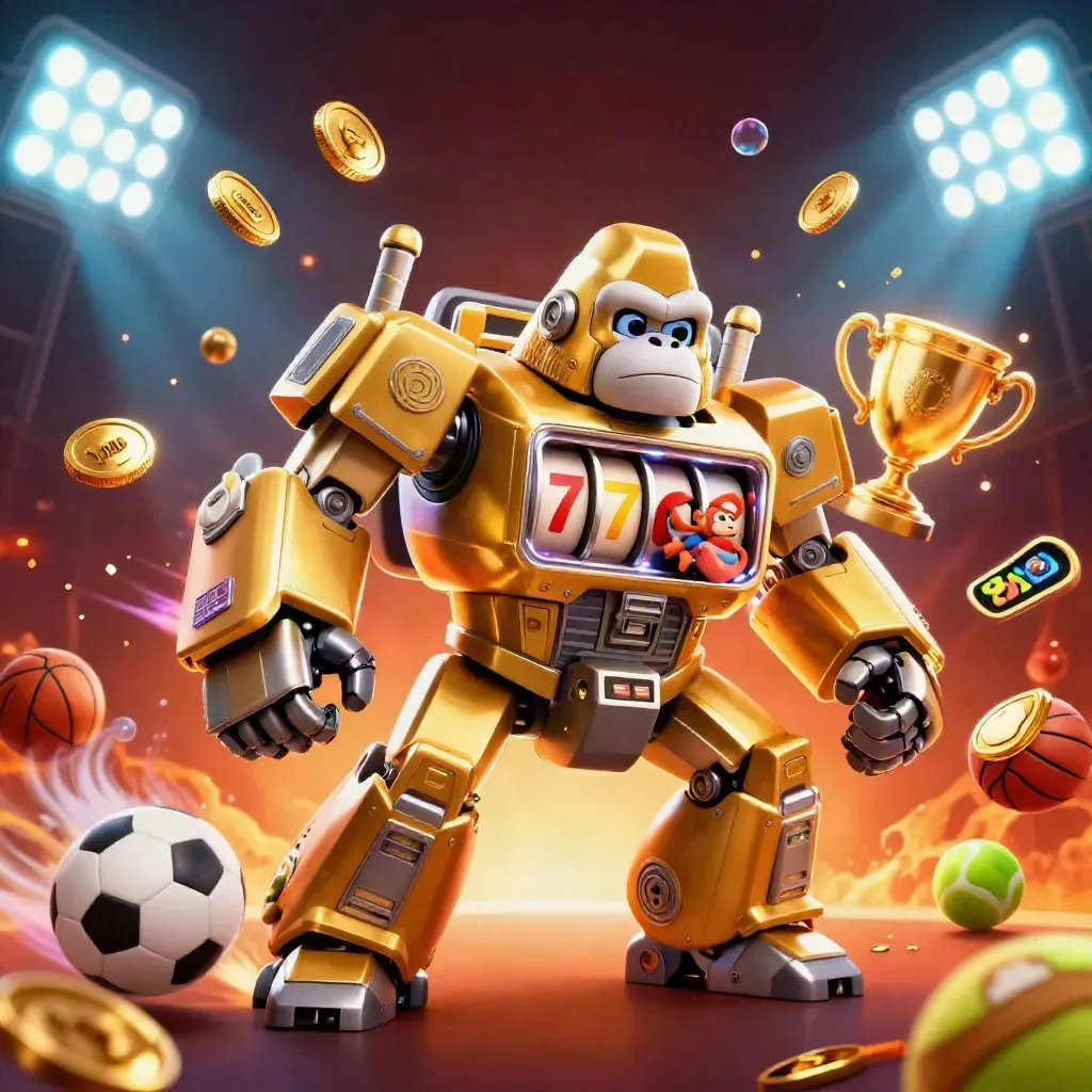 Golden gorilla mech with monkey pilot, sports balls, coins, and neon casino effects exploding outward