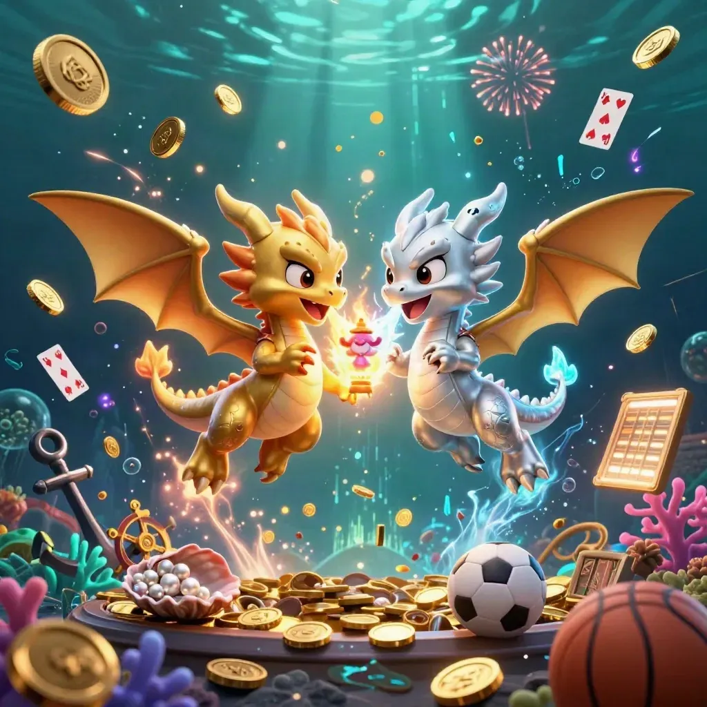 Gold and silver dragons swirl through an underwater treasure burst with coins, coral, and fireworks.