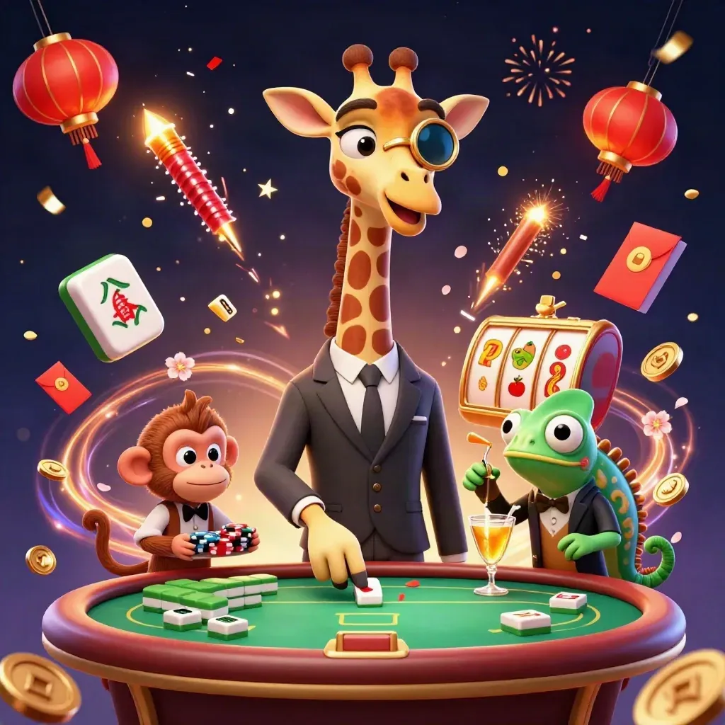A suited giraffe, monkey valet, and chameleon bartender amid casino symbols, green-gold lights, and fireworks.