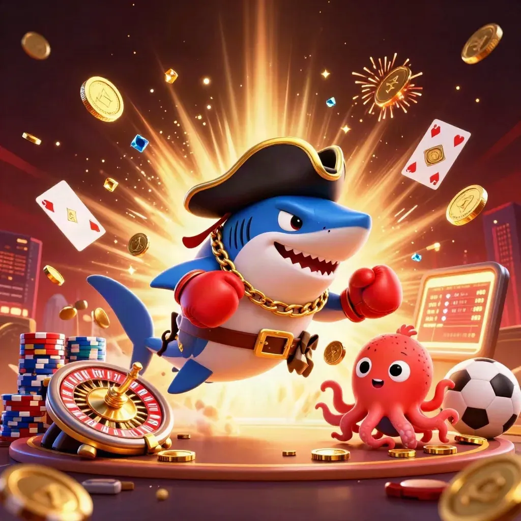 Pirate shark, pufferfish boxer, and octopus amid coins, gems, fireworks, and casino props.