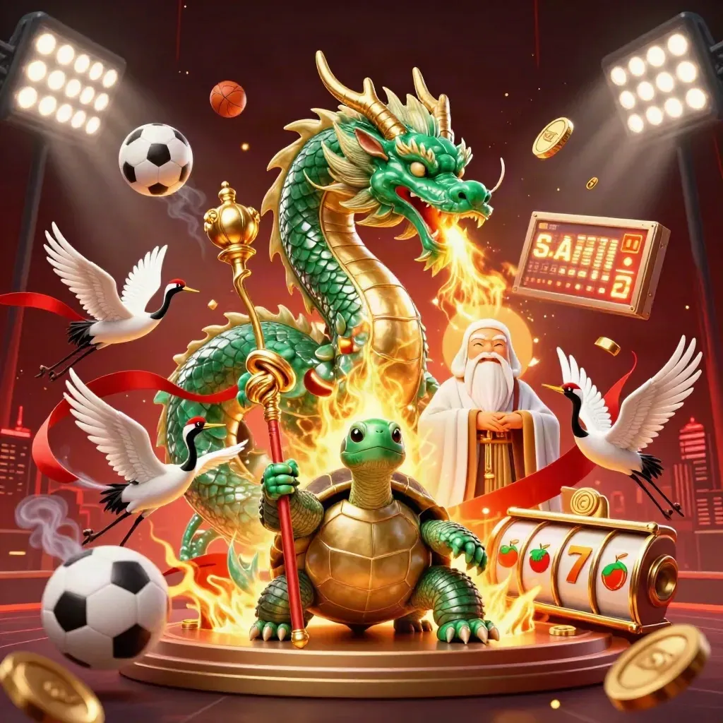 Emerald dragon, turtle sage, and ribboned cranes amid casino sports icons and golden fire.