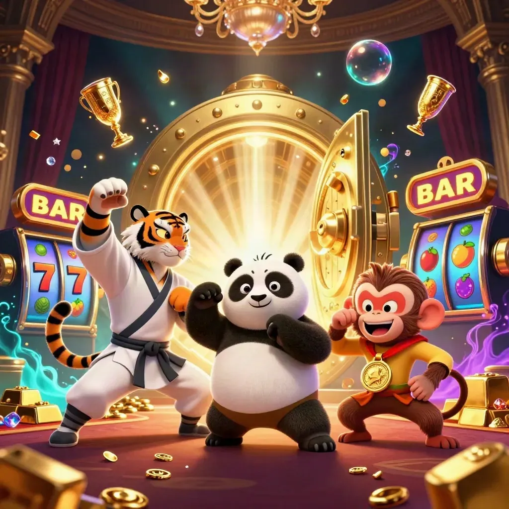 Kung-fu tiger, panda, and monkey amid vault gold, casino reels, and neon light.