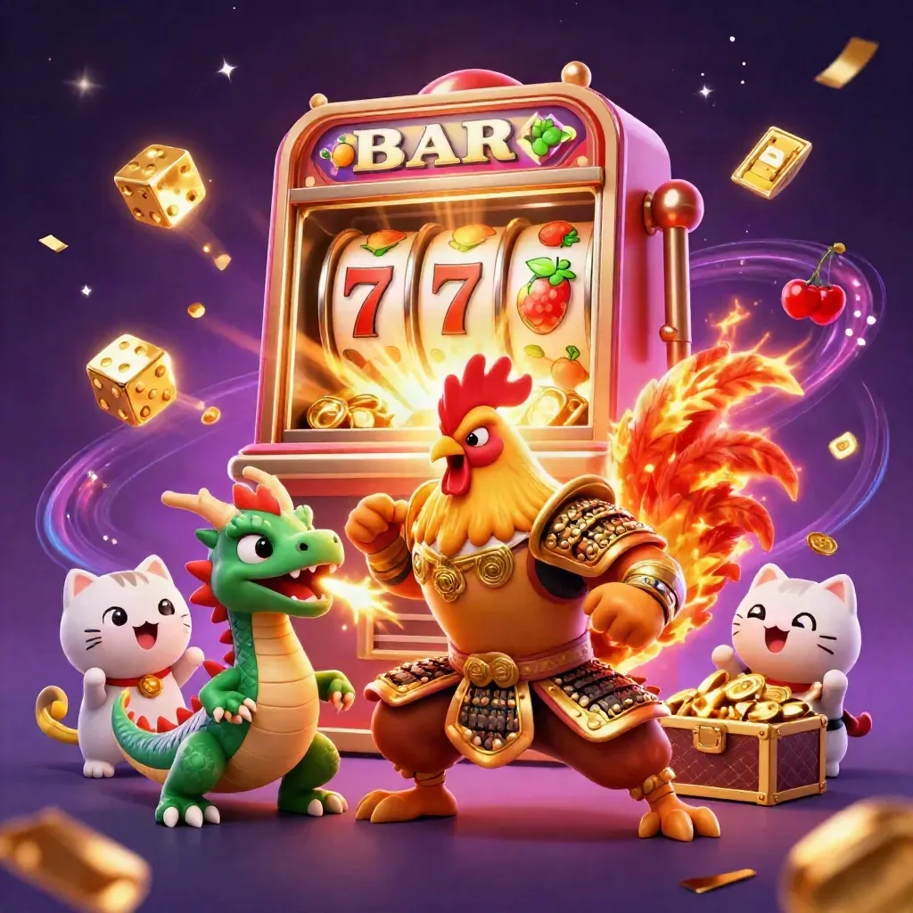 Gold samurai rooster, spark-breathing dragon hatchling and lucky cat amid slot jackpot chaos