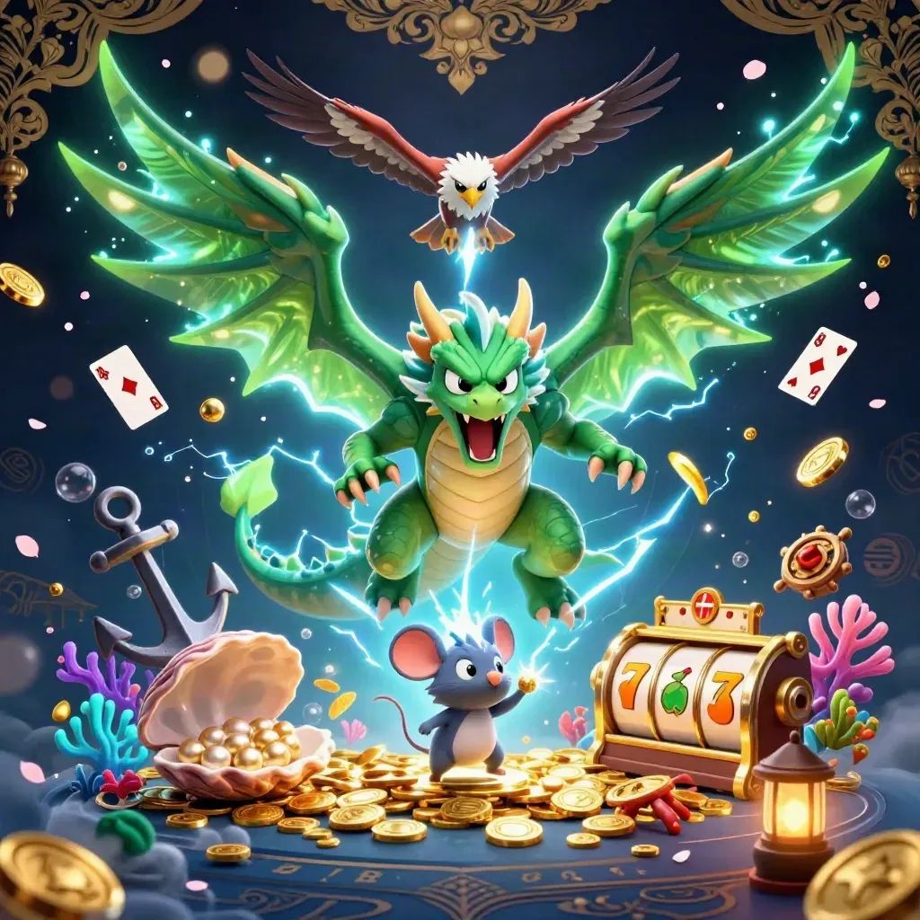 Thunder dragon, hawk, and mouse amid casino treasures and glowing reels in dark luxury tones